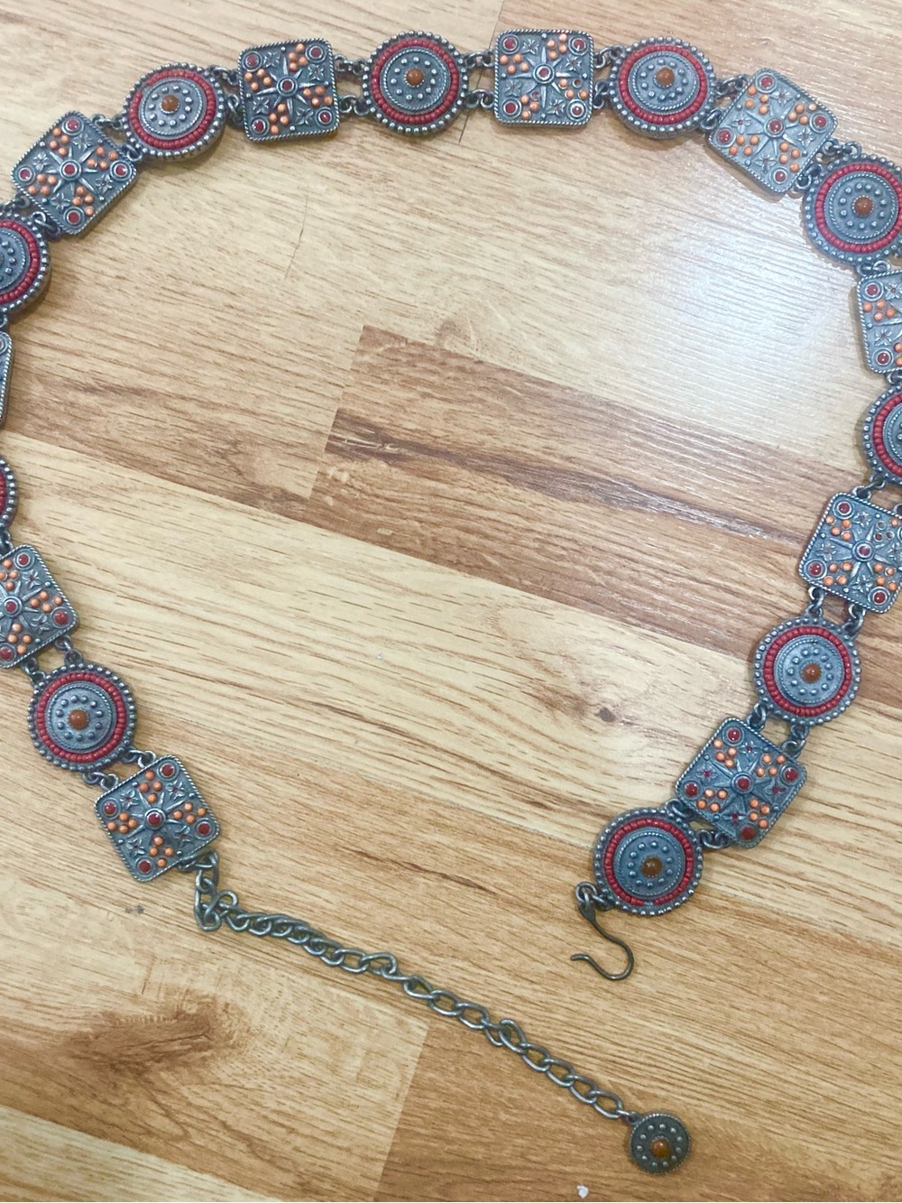 Vintage Bohemian Belt w/Antique Silver Tone Medallions & Coral, Enamel Beads